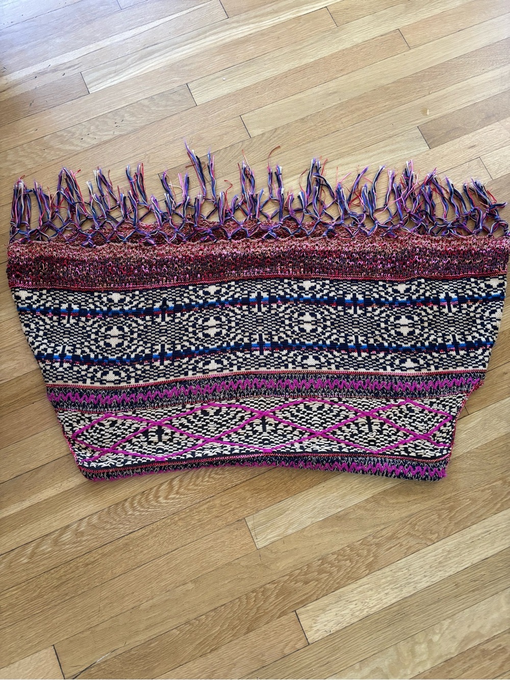Boho Fringe Open-Front Sweater Poncho - Multicolor Pink & Blue - Picture 2 of 3
